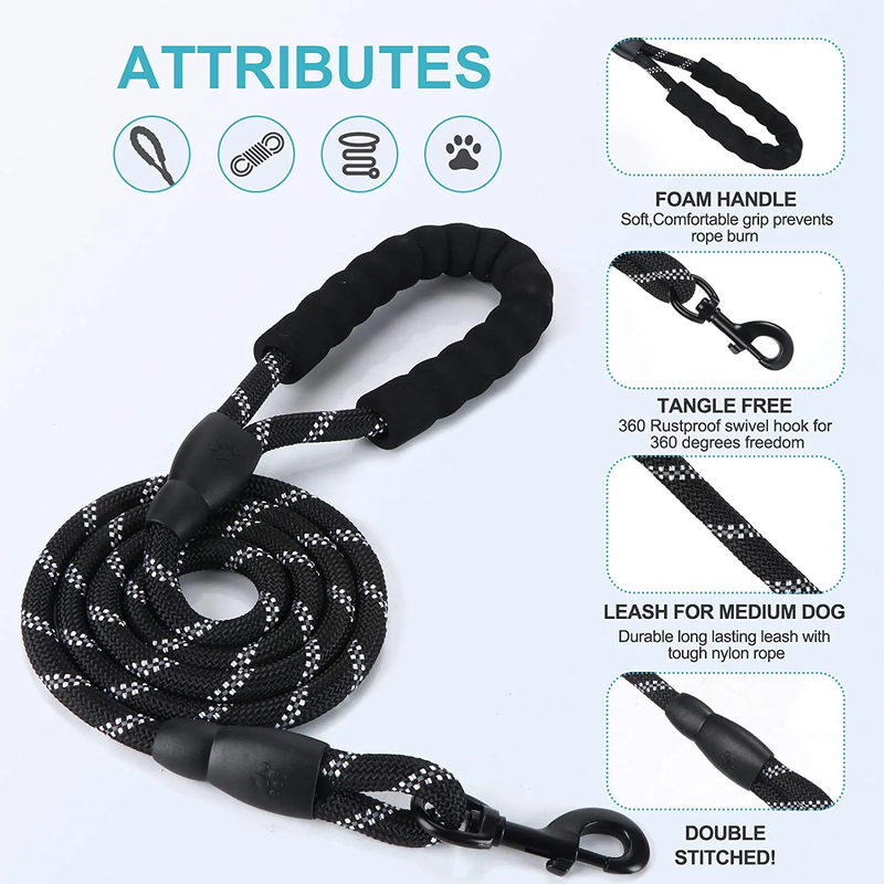 5 Foot Reflective Strong Rope Dog Leash with Comfortable Padded Handle & Heavy Duty Metal Clasp