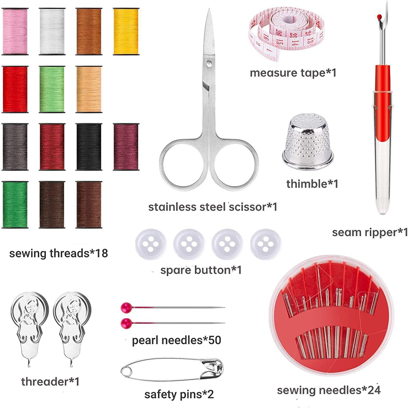 104 Pc Premium Portable Sewing Kit with 18 Color Threads, 24 Needles, Seam Ripper, Scissors, Thimble ect