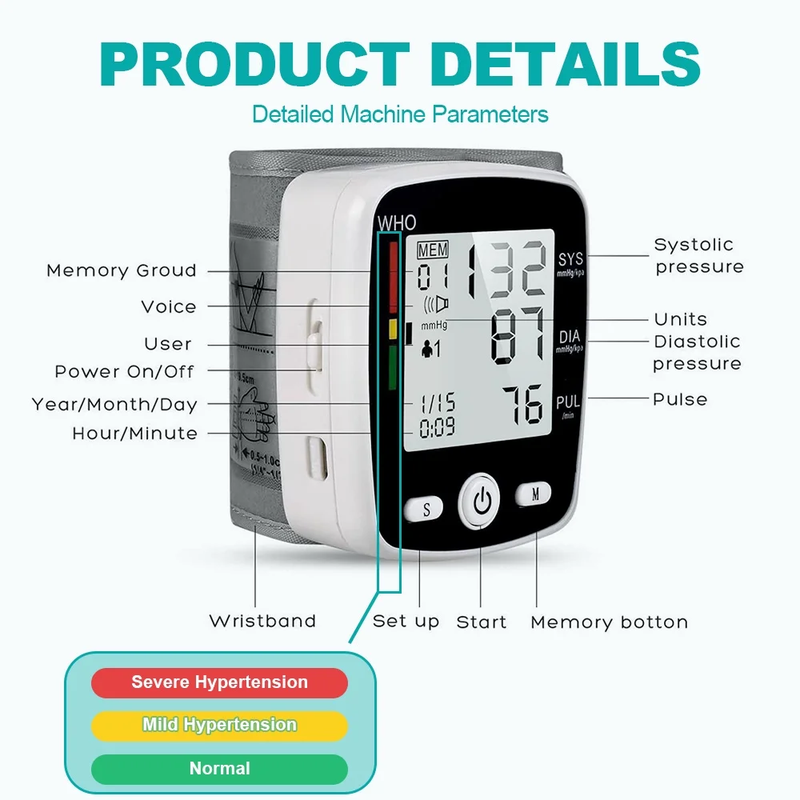 Rechargeable Wrist Blood Pressure Monitor with Voice Broadcast and 180 Memory for Dual Users
