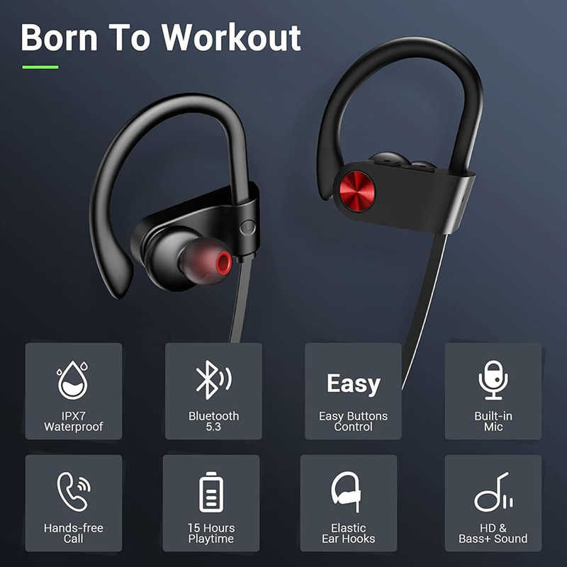 Bluetooth 5.3 IPX7 Waterproof Wireless Sports Earbuds, 16 Hrs Playtime with Noise Cancelling Mic, HiFi Bass Stereo