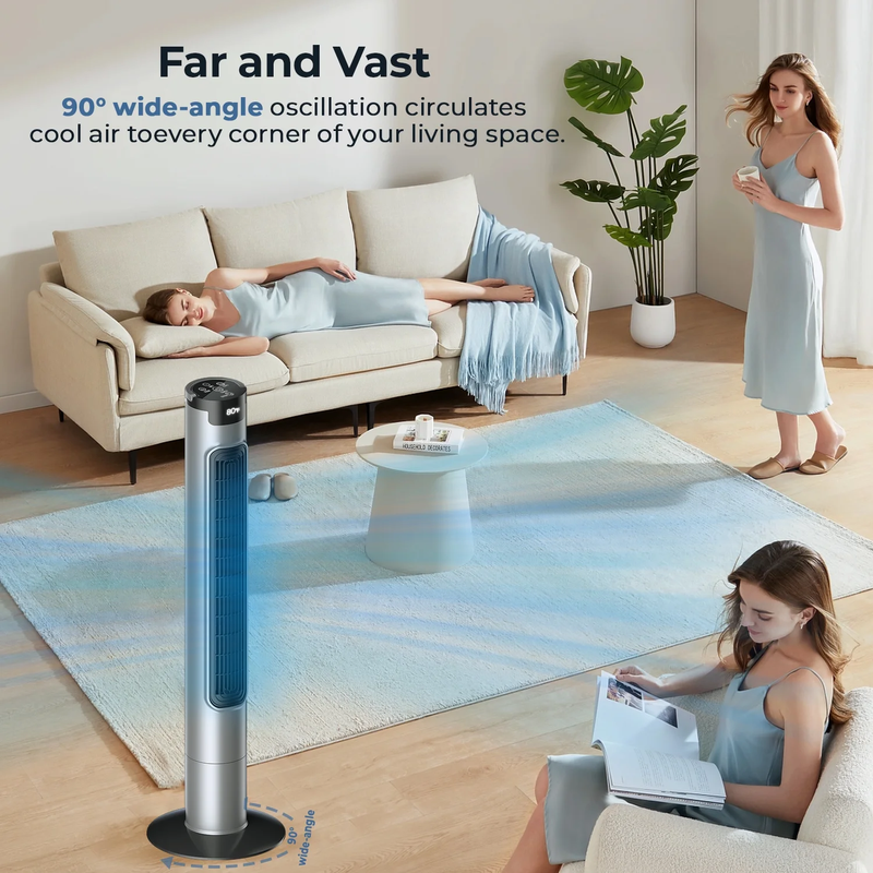 90° Oscillating Standing Tower Fan, Quiet Bladeless Floor Fan with Remote