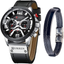 Men's Quartz Leather Chronograph Watch & Bracelet Set 