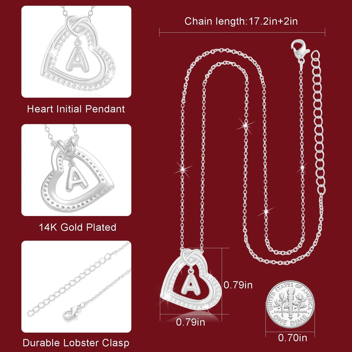 14K White Gold Love Heart Initial Necklace - CZ Hypoallergenic