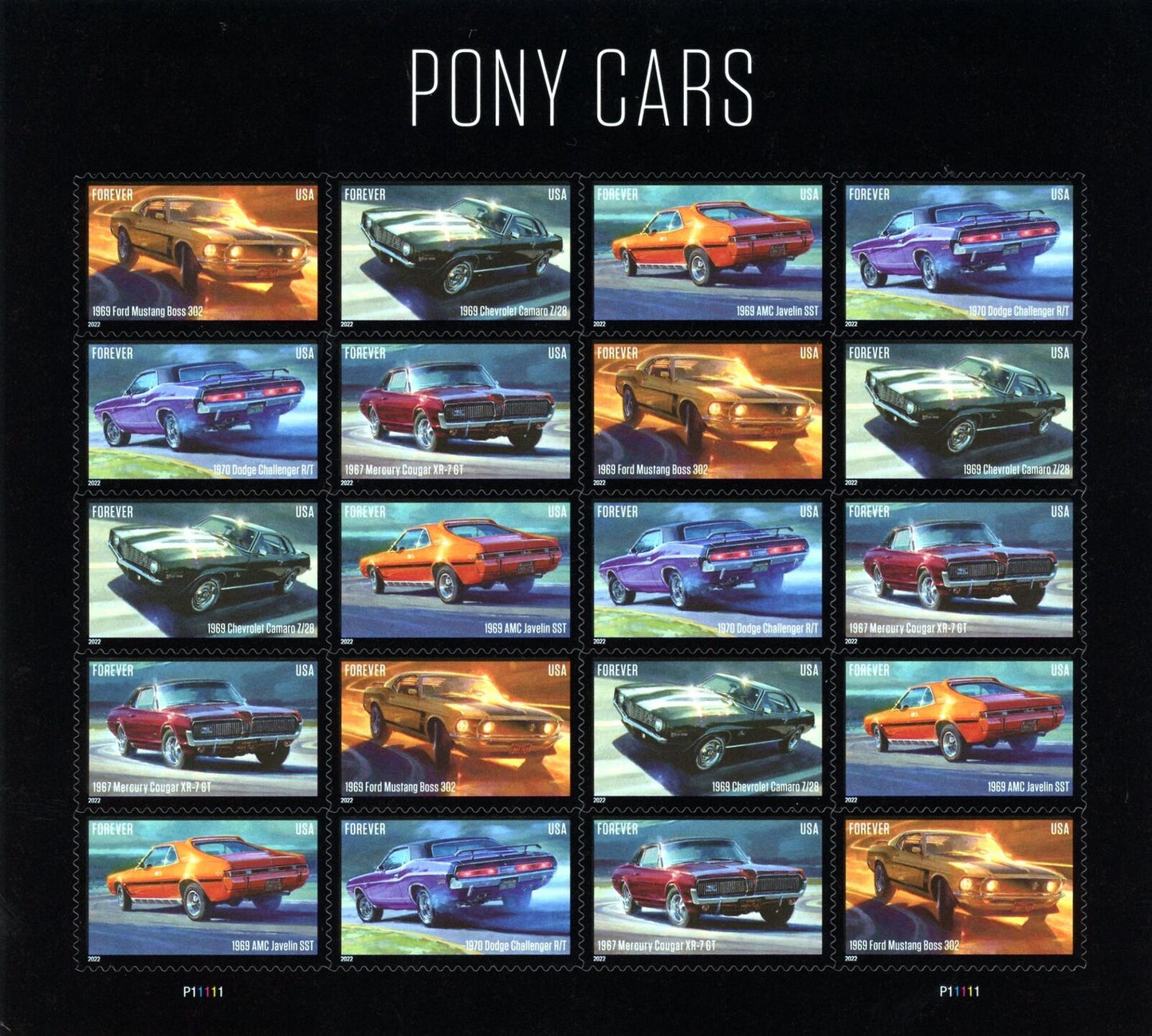 USPS Pony Cars Ford Mustang Forever Stamps - Booklet of 20 First Class Forever Stamps