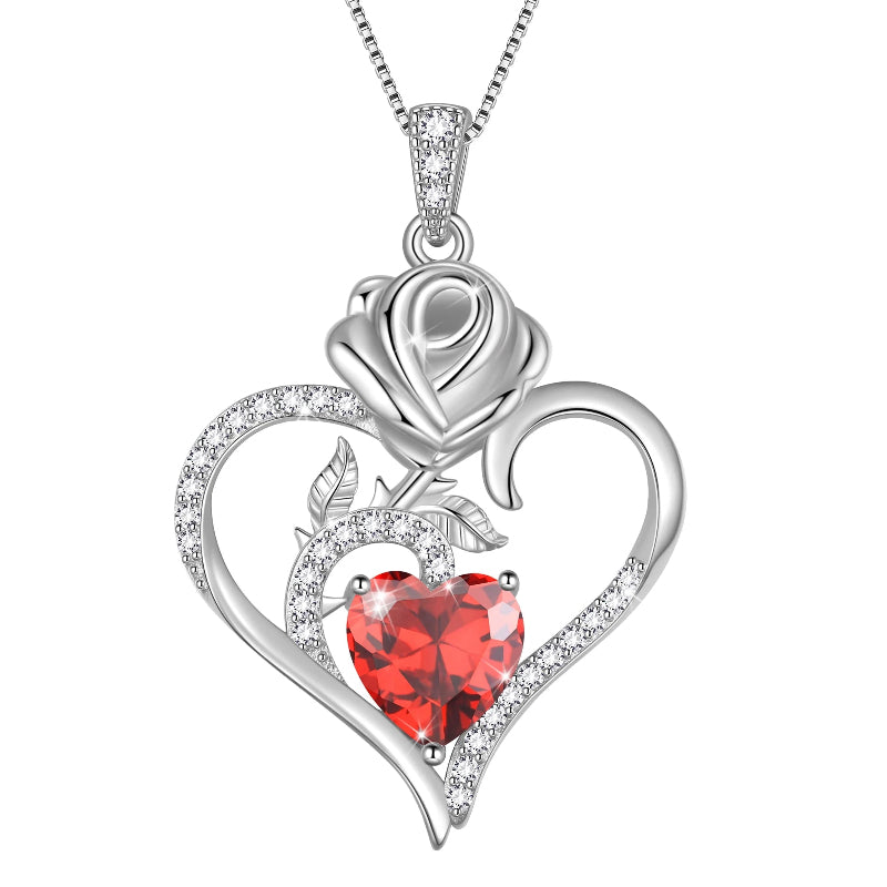 925 Sterling Silver Birthstone Necklace, Rose Flower Heart Pendant Jewelry