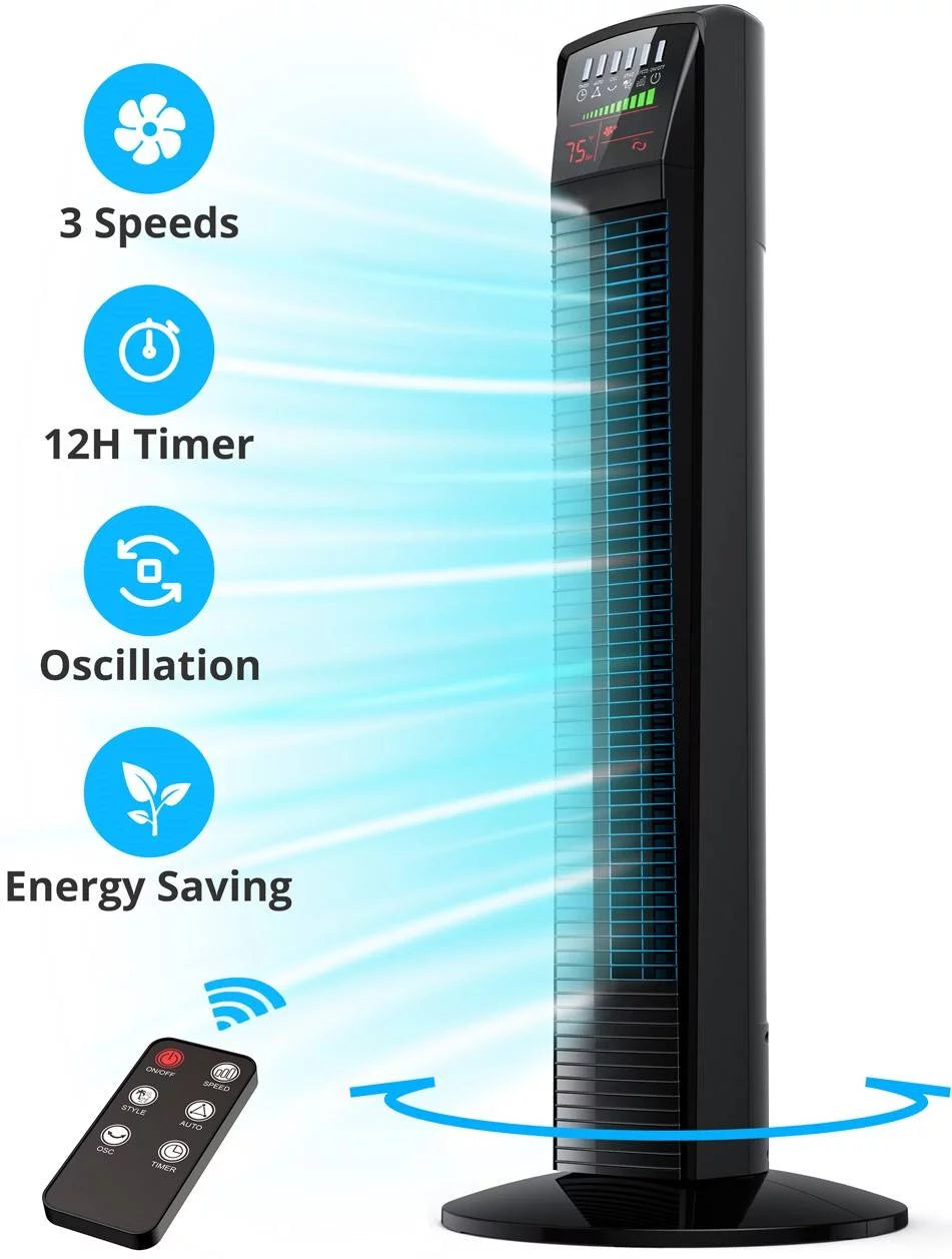 Tower Fan, 36" Bladeless, 65° Oscillating Cooling Fan with Remote, LED Display 12H Timer