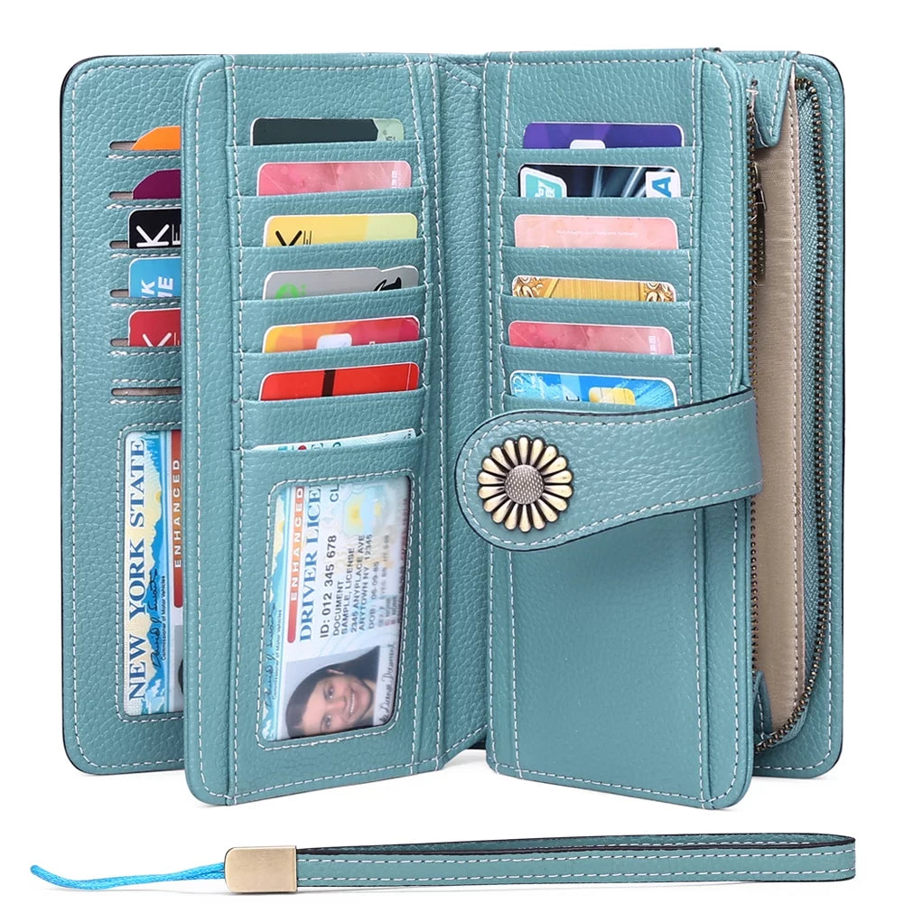 Genuine Leather Credit Card Holder with RFID Blocking Large Capacity Wristlet Wallet