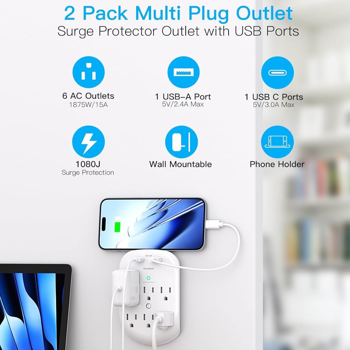 2 Pack Multi-Plug Surge Protector Outlet