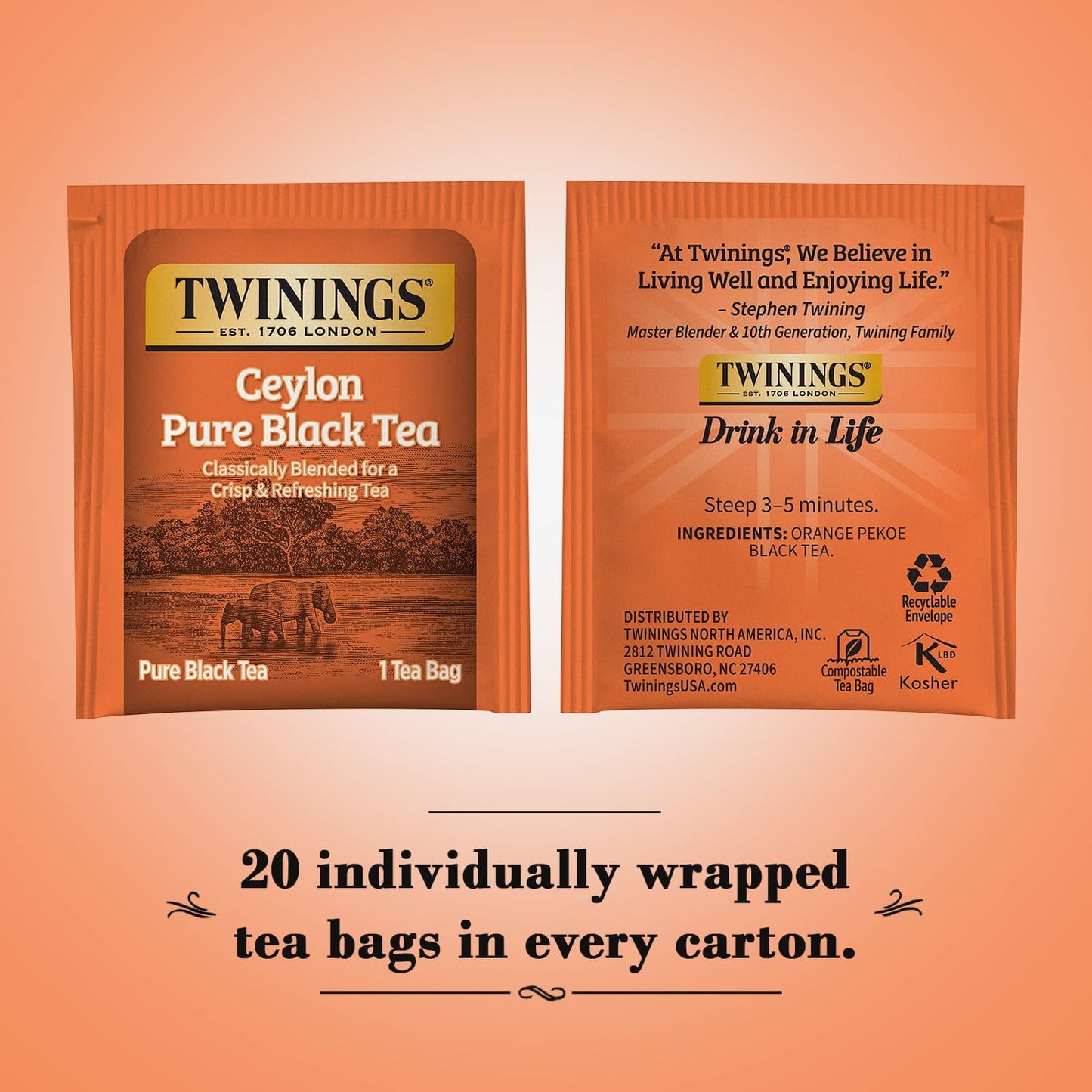 Twinings of London Ceylon Pure Black Tea Bags, 20 Count (Pack of 2)