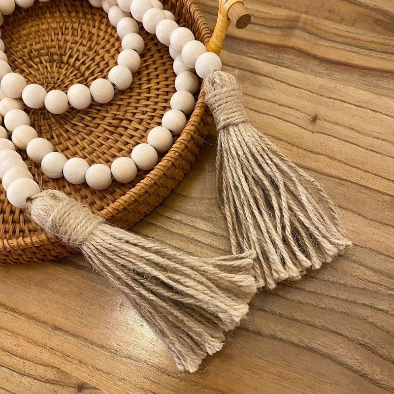 58" Wood Bead Garland with Tassels, Farmhouse Rustic Boho Wall Hanging Decor