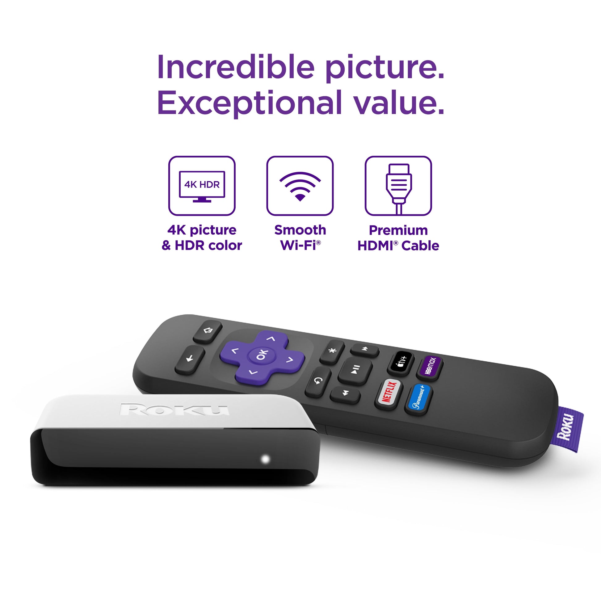 4K/HDR Streaming Media Player Wi-Fi® Enabled with Premium High Speed HDMI® Cable and Standard Remote