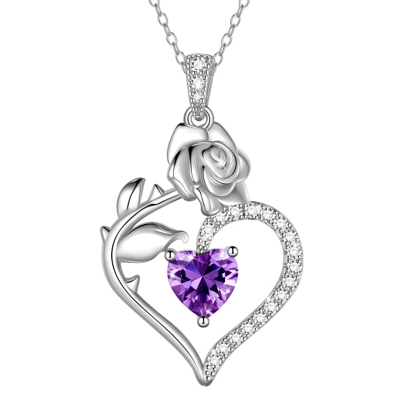 925 Sterling Silver Birthstone Necklace, Rose Flower Heart Pendant Jewelry