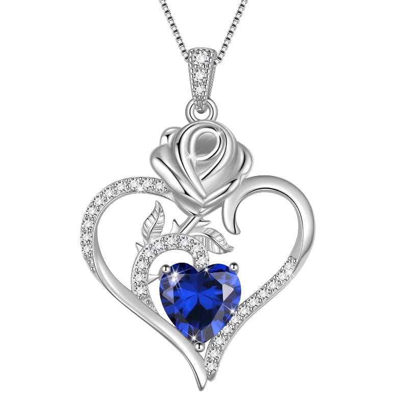 925 Sterling Silver Birthstone Necklace, Rose Flower Heart Pendant Jewelry