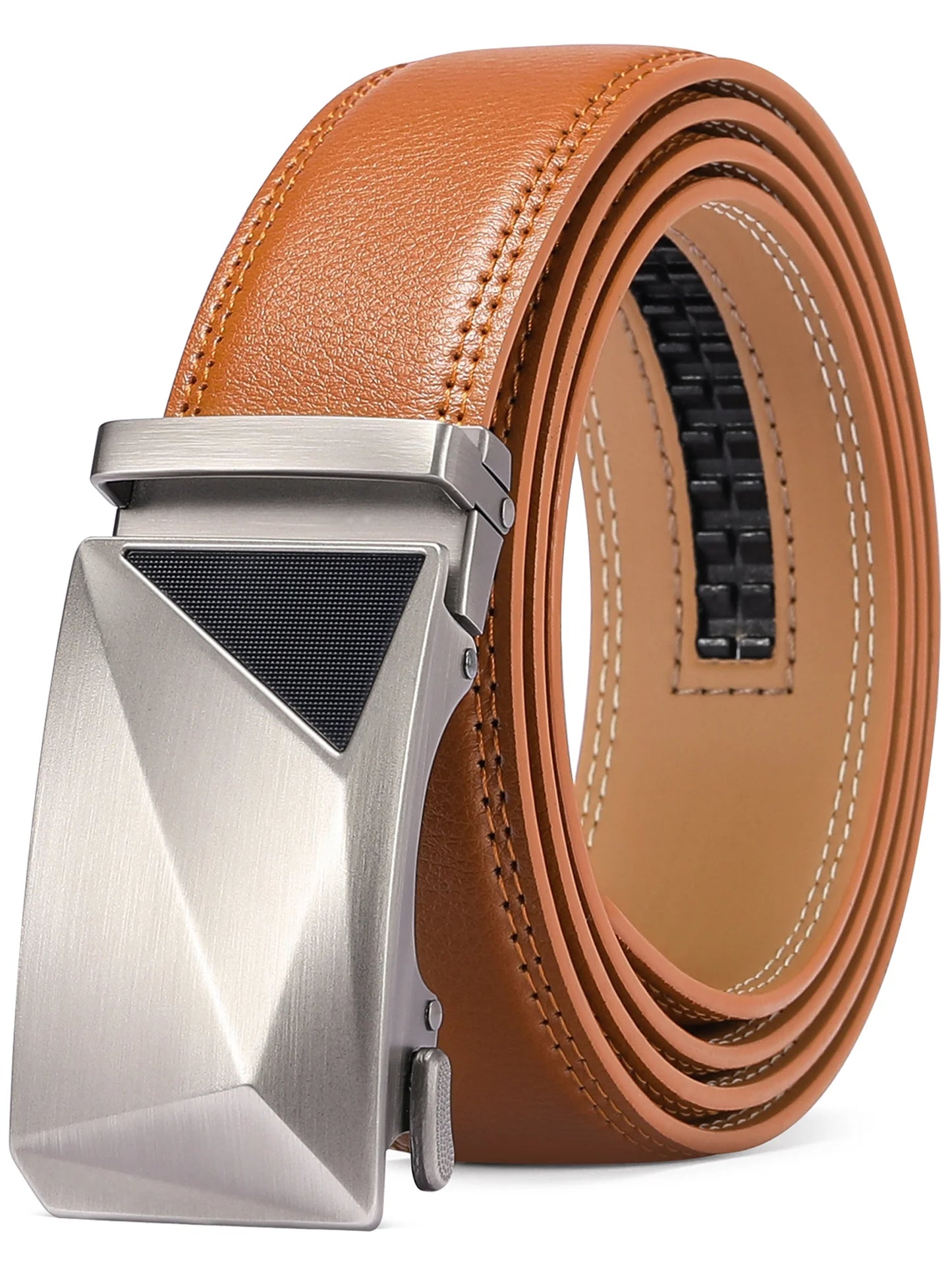 Men's Leather Belt with Automatic Ratchet Buckle Slide - Trim to Fit