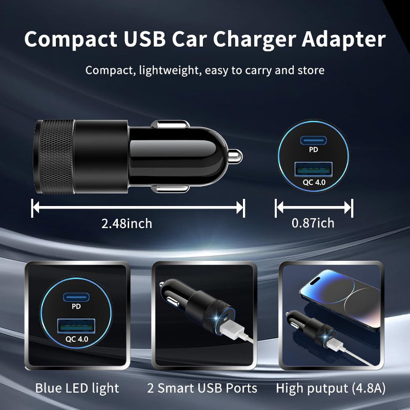 48W Dual-Port USB-C Car Charger with Fast Charging and LED for Phones & Devices