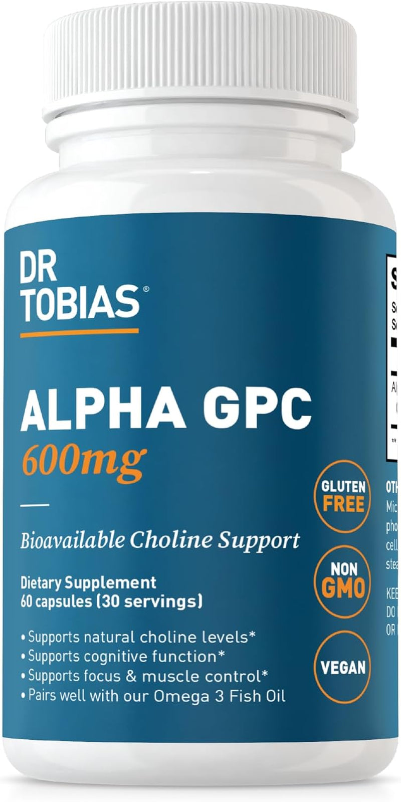 Dr. Tobias Alpha GPC 600mg Per Serving - Bioavailable Choline Supplements for Brain, Memory and Focus