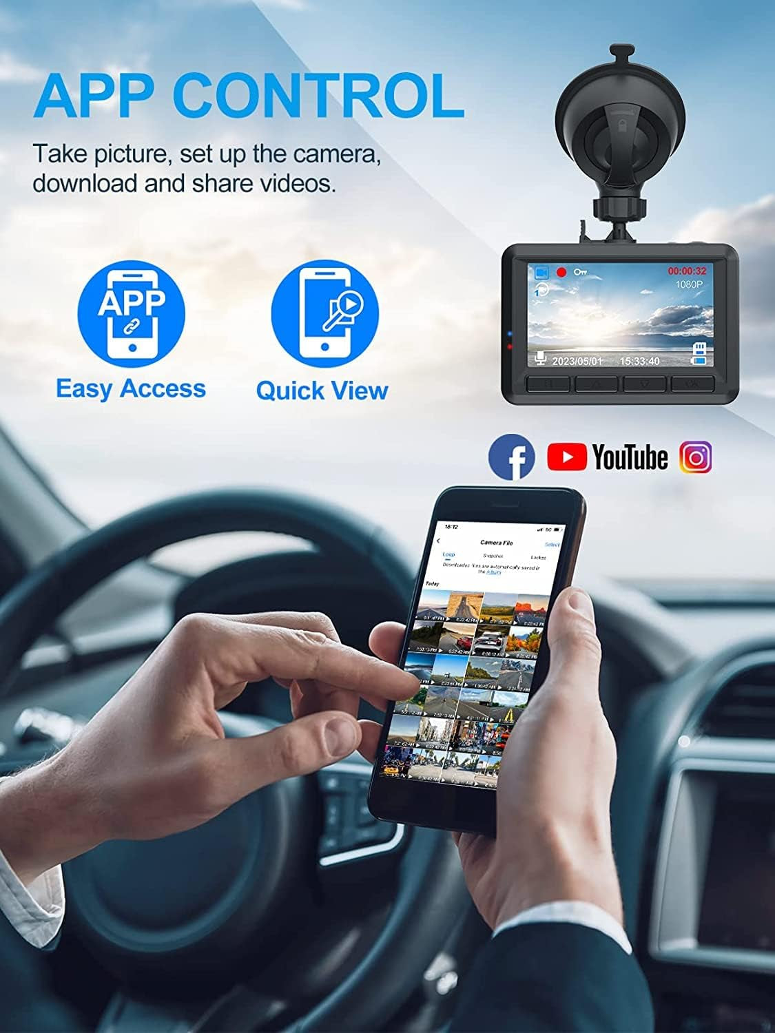 FHD 1080P Mini Dash Camera for Cars with WiFi, 2.45" IPS Screen, Night Vision, WDR, Loop Recording