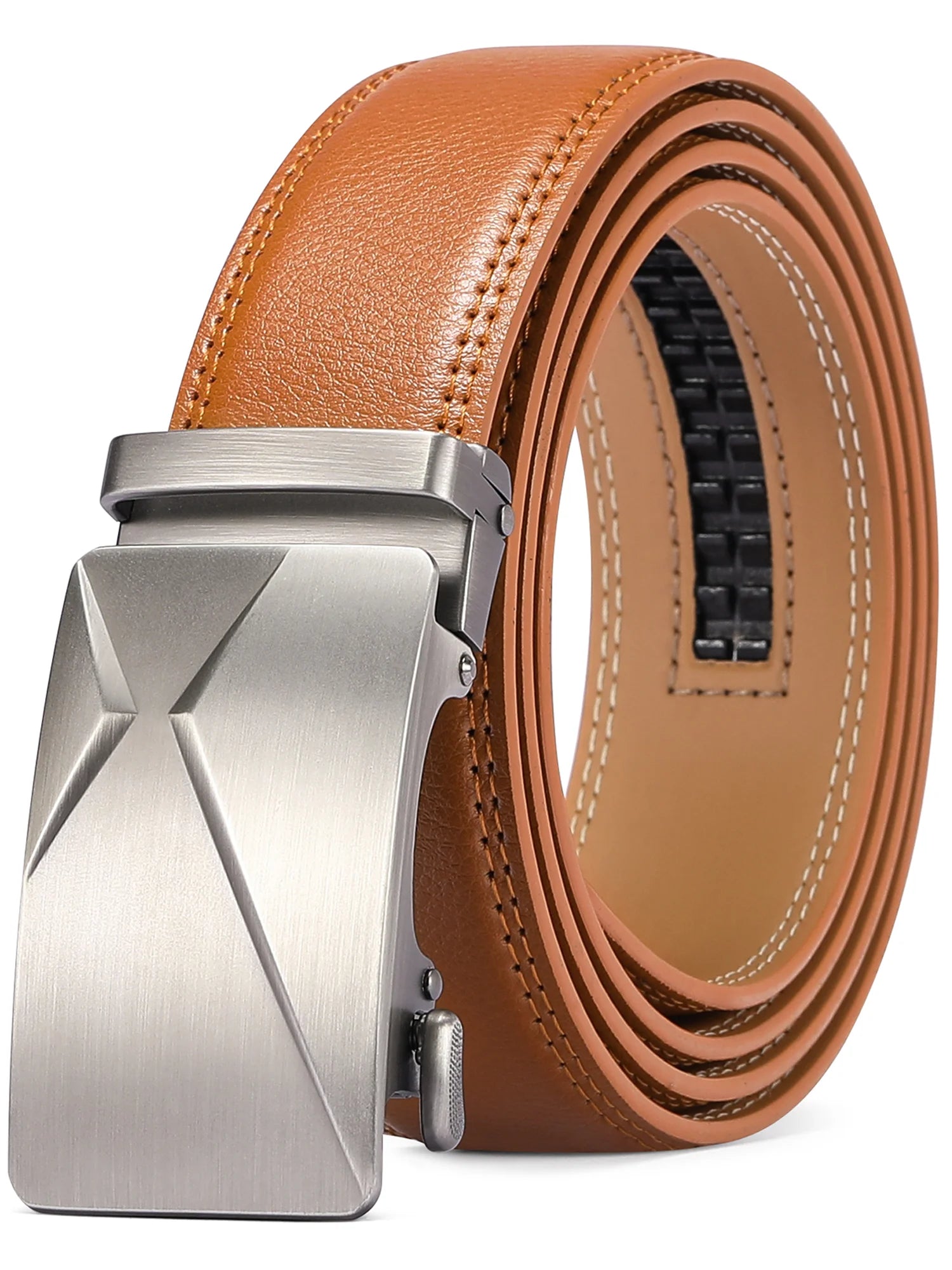 Men's Leather Belt with Automatic Ratchet Buckle Slide - Trim to Fit