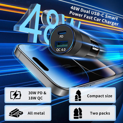 48W Dual-Port USB-C Car Charger with Fast Charging and LED for Phones & Devices