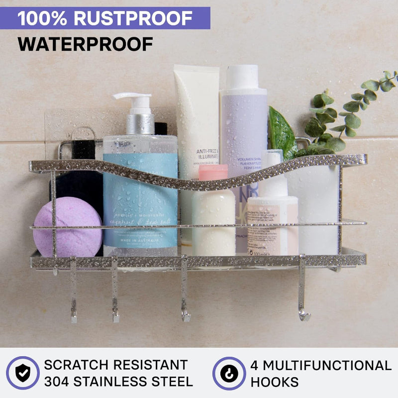 Premium Adhesive Shower Caddy with 4 Hooks, Rustproof No-Drill Bathroom Organizer