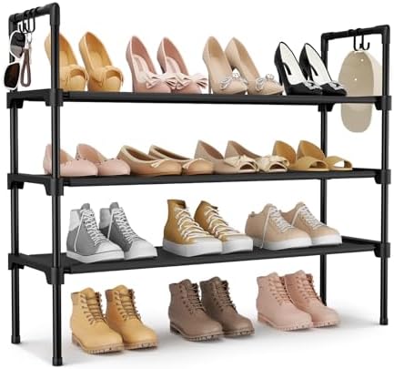 3-Tier Stackable Shoe Rack Organizer with 5 Hooks for Closet, Entryway and Garage