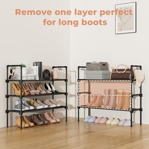 3-Tier Stackable Shoe Rack Organizer with 5 Hooks for Closet, Entryway and Garage