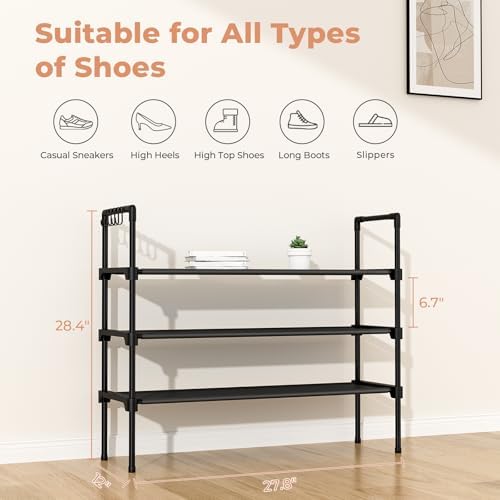 3-Tier Stackable Shoe Rack Organizer with 5 Hooks for Closet, Entryway and Garage