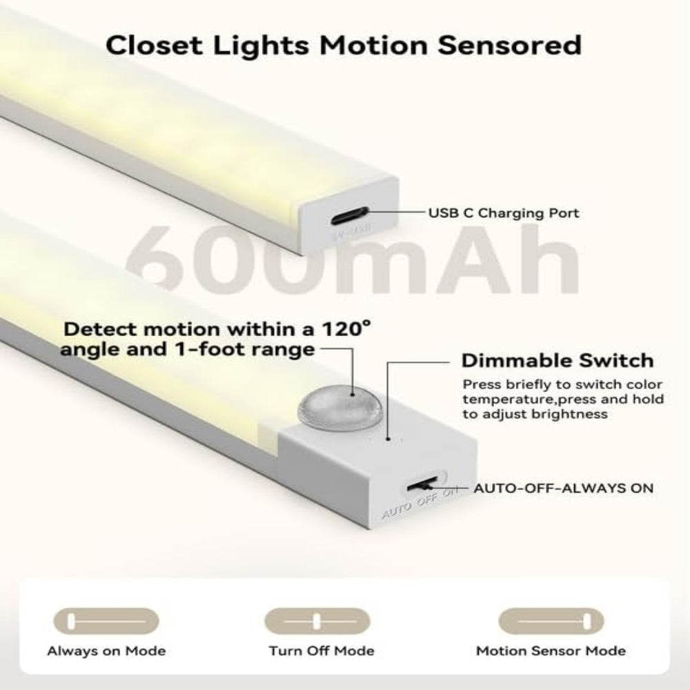 3-Pack Under Cabinet Lights – Rechargeable Motion Sensor LED Lights Dimmable Wireless