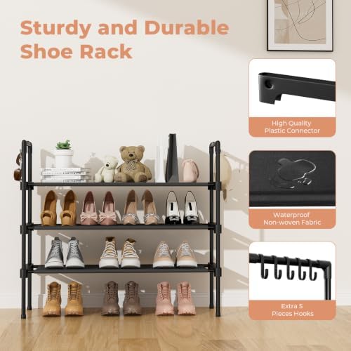 3-Tier Stackable Shoe Rack Organizer with 5 Hooks for Closet, Entryway and Garage