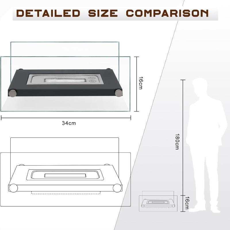 Portable Rectangle Table Top Fire pit with 2 Glass Panels for Indoor & Outdoor