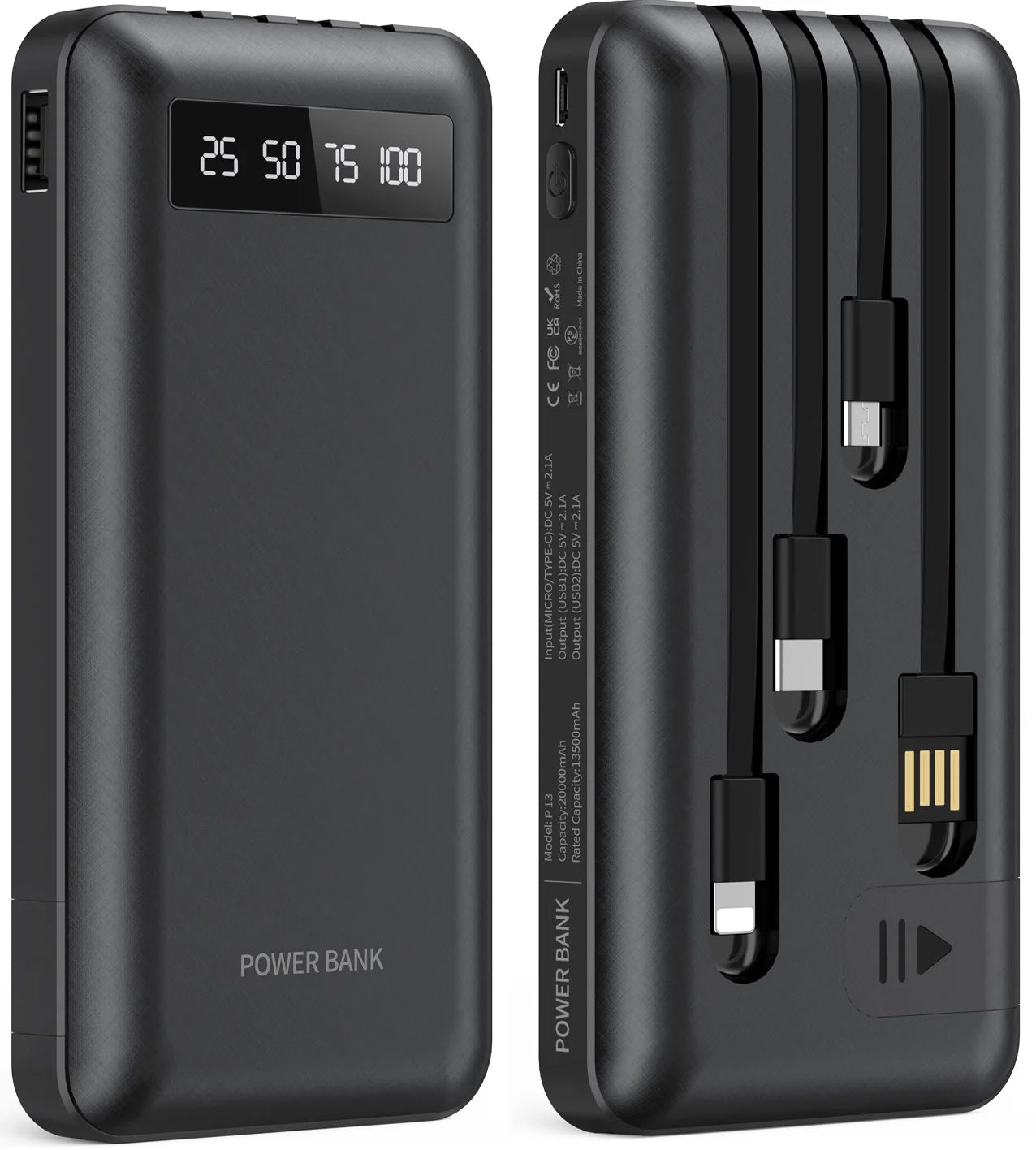 20000Mah Power Bank Portable Fast Charger with Cables