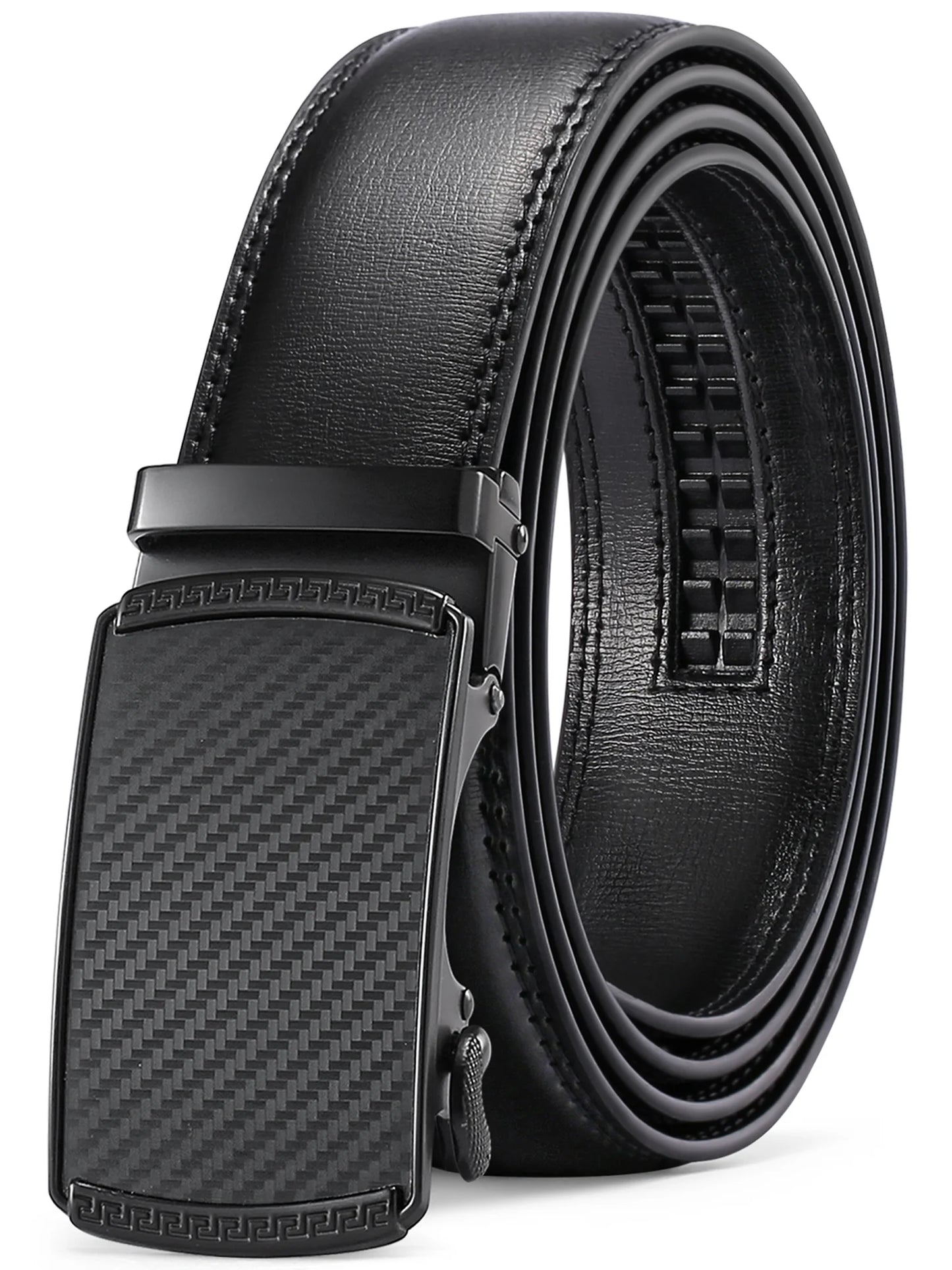 Men's Leather Belt with Automatic Ratchet Buckle Slide - Trim to Fit