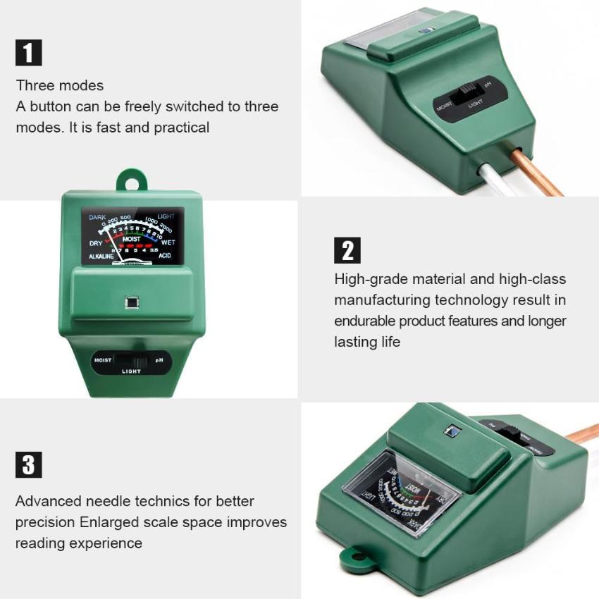 3-in-1 Soil Moisture/Light/pH Tester Gardening Tool - Soil pH Meter, MS02 