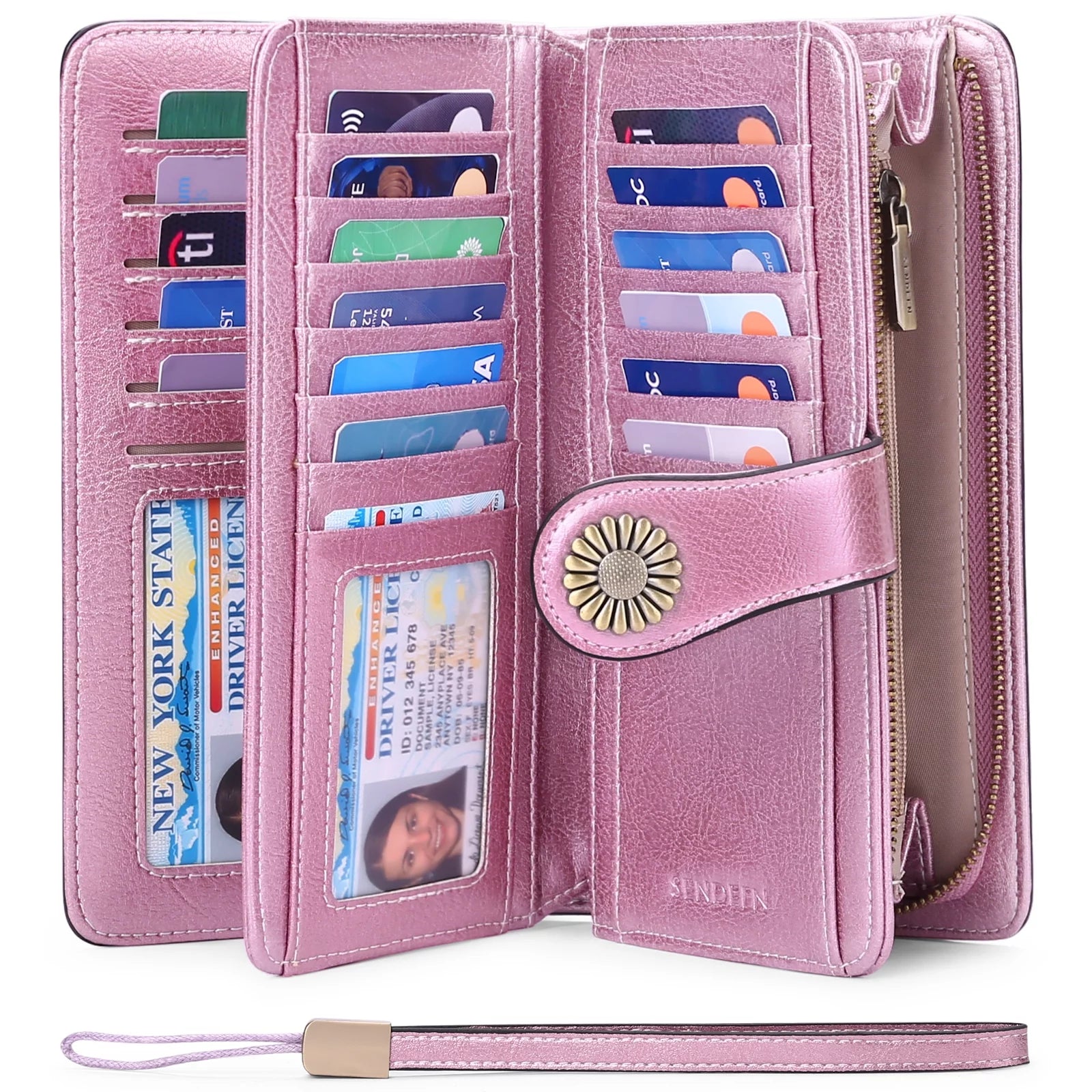 Genuine Leather Credit Card Holder with RFID Blocking Large Capacity Wristlet Wallet