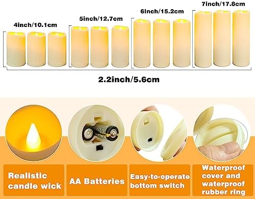 12-Pack Waterproof Outdoor Flameless LED Pillar Candles with Remote Control and Timer