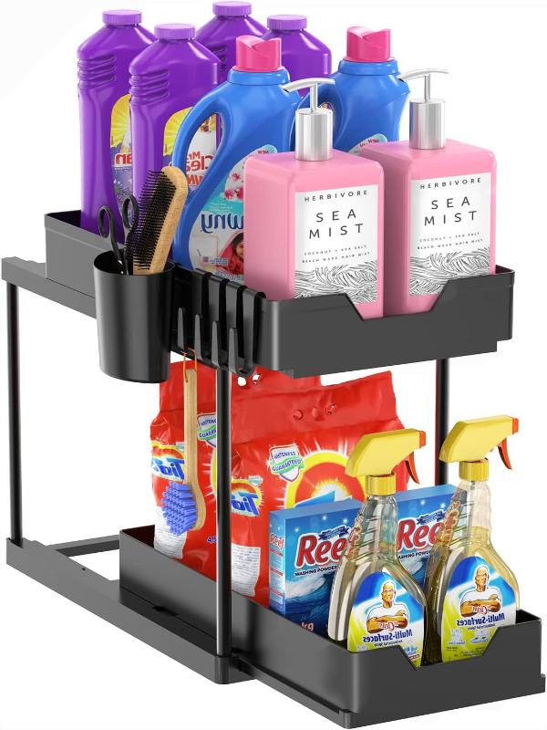 Under Sink Organizers for Storage, 2 Tier Under Sink Sliding Basket