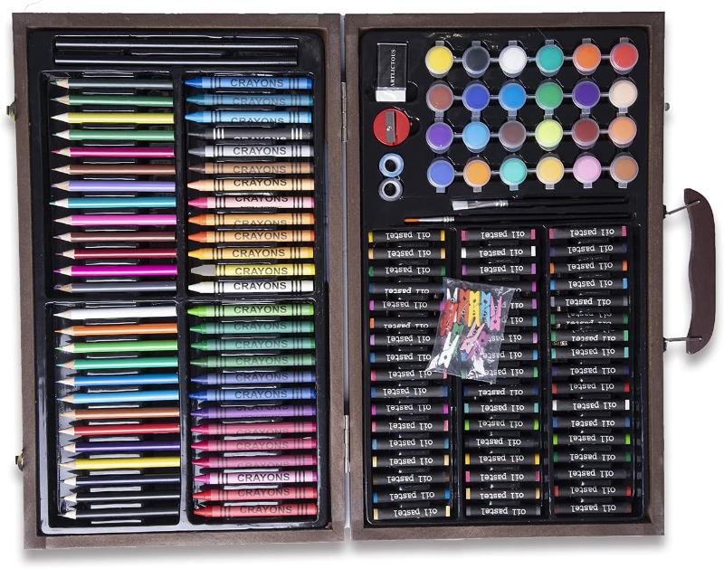 145 Piece Deluxe Art Set, Wooden Art Box & Drawing Kit with Oil Pastels, Crayons, Colored Pencils, Watercolor Cakes&  Brushes