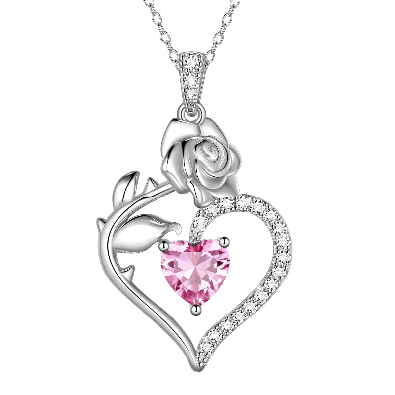 925 Sterling Silver Birthstone Necklace, Rose Flower Heart Pendant Jewelry