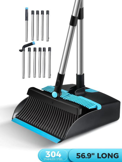 Broom and Dust Pan Combo - Steel Broom and Dustpan Set with 56.9" Long Handle