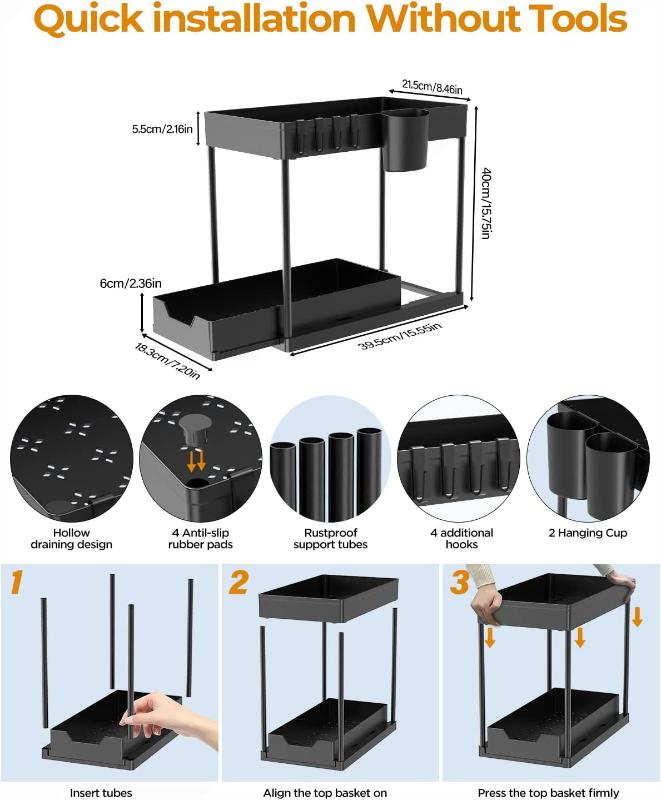 Under Sink Organizers for Storage, 2 Tier Under Sink Sliding Basket