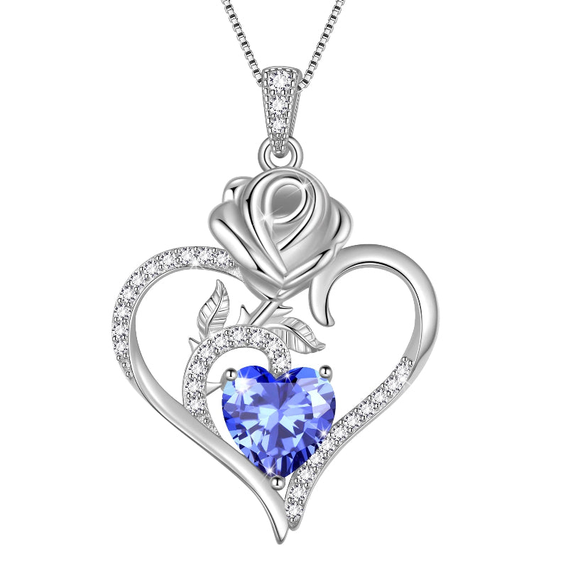 925 Sterling Silver Birthstone Necklace, Rose Flower Heart Pendant Jewelry