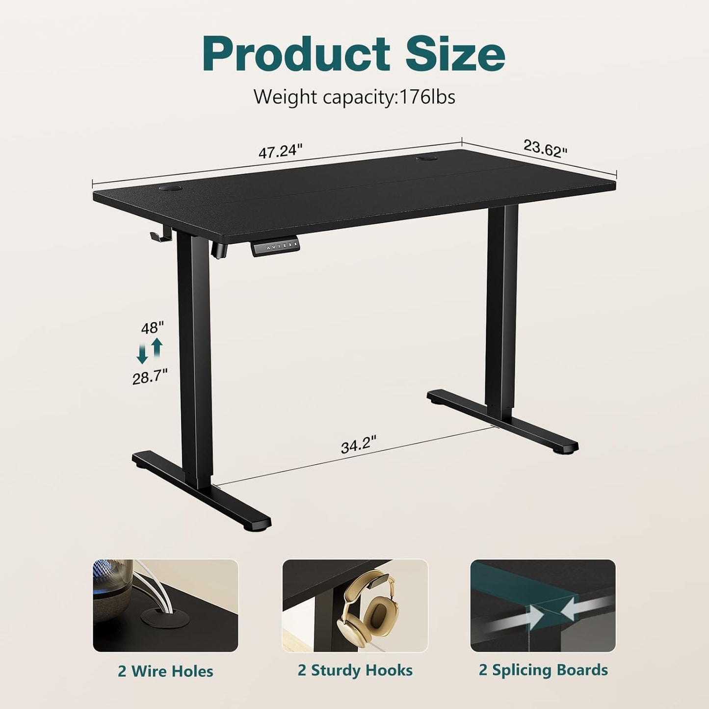 Electric Sit to Stand Up Desk with Splice Board, Rising Home Office Computer Table with 2 Hooks and Wire Hole