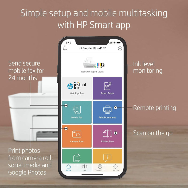 HP DeskJet Plus 4152 All-in-One Color Inkjet Printer, Mobile Print, Scanner & Copy, Instant Ink Ready, Wireless Printers, Built-in USB Port and WiFi (Renewed)