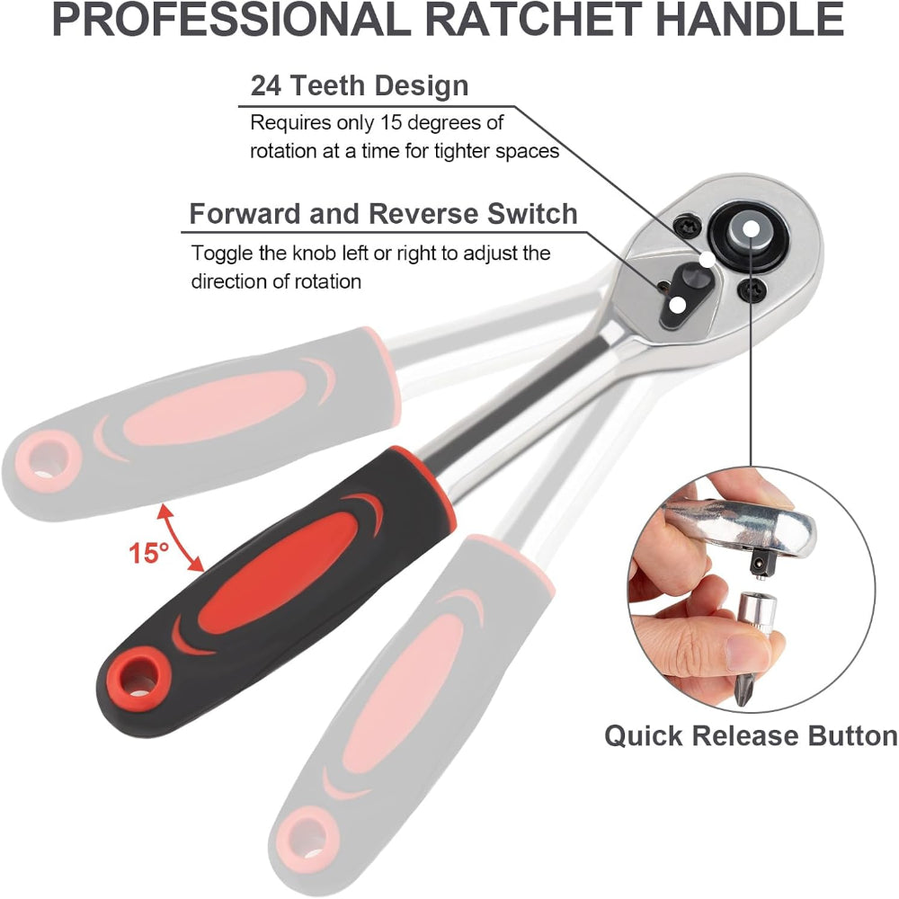 46-Piece Socket Ratchet Tool Set – 1/4 Inch Metric Wrench Kit, Extension Bar, Compact Case