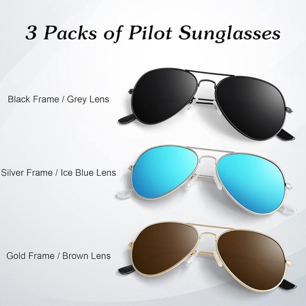 3-Pack Polarized Pilot Sunglasses for Men and Women with UV400 Protection