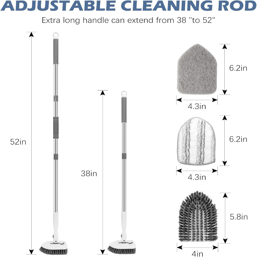 3-in-1 Floor Scrub Brush – 52in Adjustable Handle Tile Tub Shower Cleaner with 3 Heads