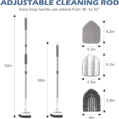 3-in-1 Floor Scrub Brush – 52in Adjustable Handle Tile Tub Shower Cleaner with 3 Heads