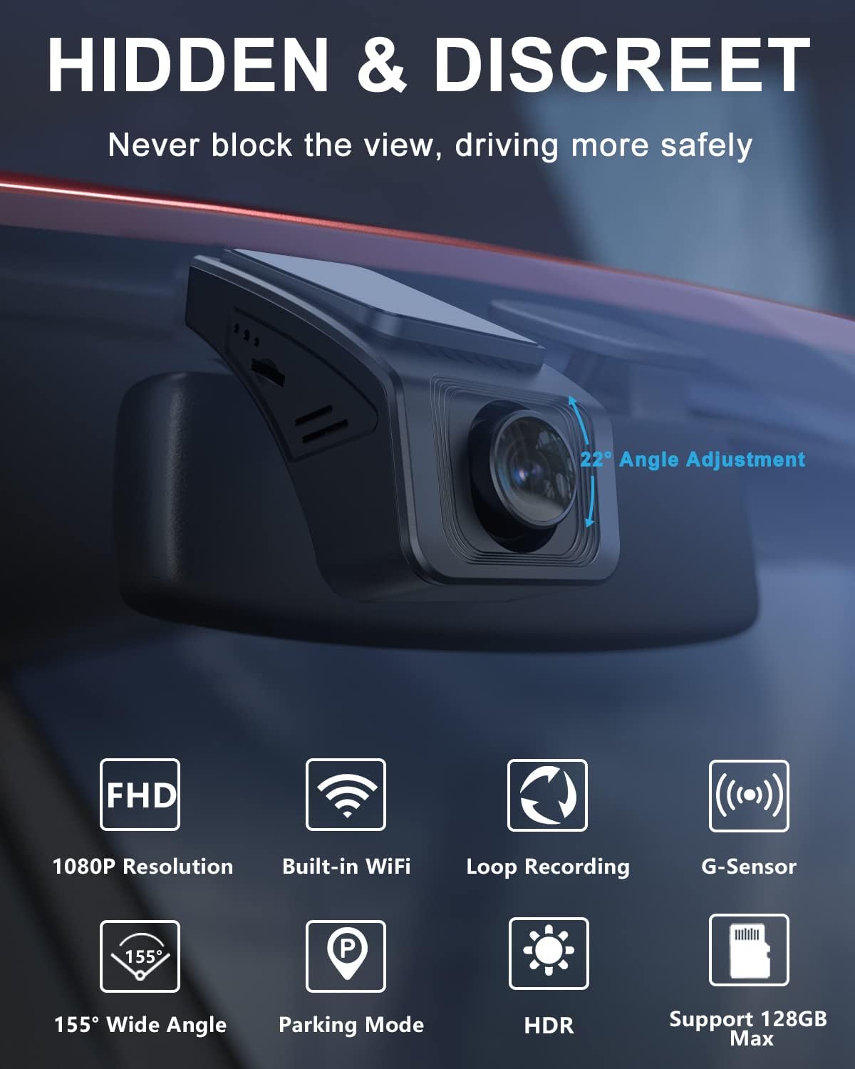 Car Dash Cam Front 1080P FHD WiFi Dash Camera for Cars,Screenless Dashboard Camera Recorder with Super Night Vision, 155° Wide Angle, HDR, Loop Recording, G-Sensor, Time-Lapse, Parking Mode