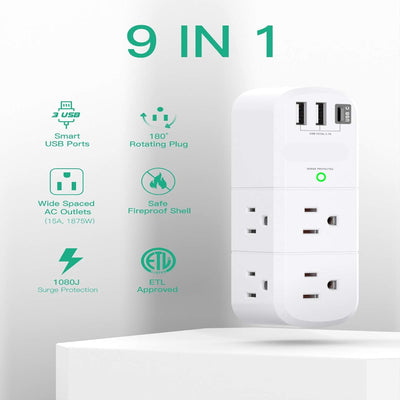 Rotating Outlet Extender – Surge Protector Power Splitter with 6 AC Outlets & 3 USB Ports