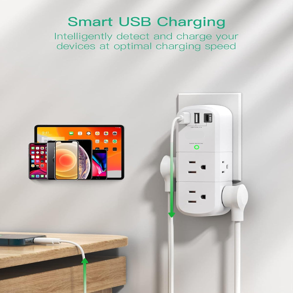 Rotating Outlet Extender – Surge Protector Power Splitter with 6 AC Outlets & 3 USB Ports